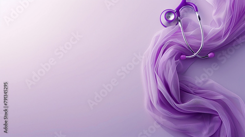 Elegant purple stethoscope on a wavy silk-like fabric background, symbolizing healthcare and elegance