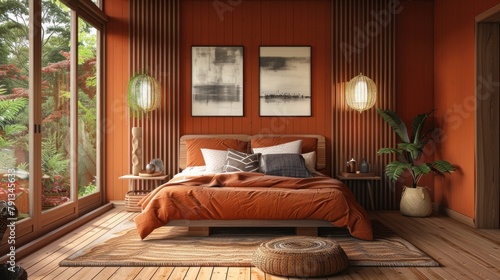 Stylish bedroom featuring a blend of Scandinavian and Japanese aesthetics. The room showcases a terracotta-hued bed, wooden wall panels, and a wooden floor. © Farda