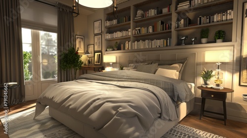 Stylish bedroom with a large, cozy bed, lots of shelves, and a nightstand next to the bed. photo
