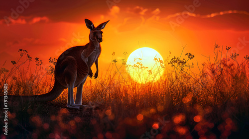 kangaroo with sunset Australia outback, generative ai © Neelam