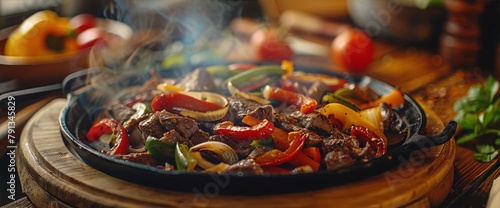 Sizzling fajita platter with steak, bell peppers, and onions in a rustic setting.
