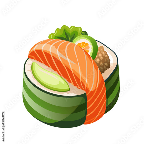 Japanese food sushi in cartoon style on white background