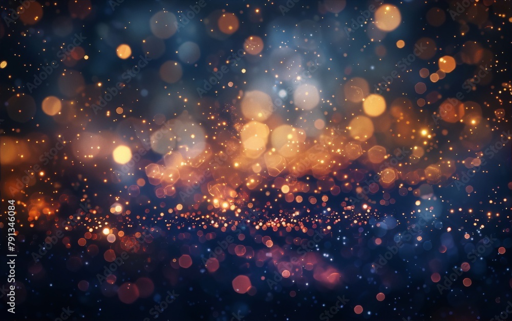 Blue and orange glowing lights on dark blue background resembling a night sky full of stars, digital art, soft and blurry, evokes a sense of wonder and mystery.