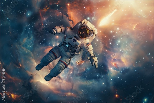 Astronaut floats amidst vibrant nebula orange red cosmic wonder awe inspiring space exploration.
 photo