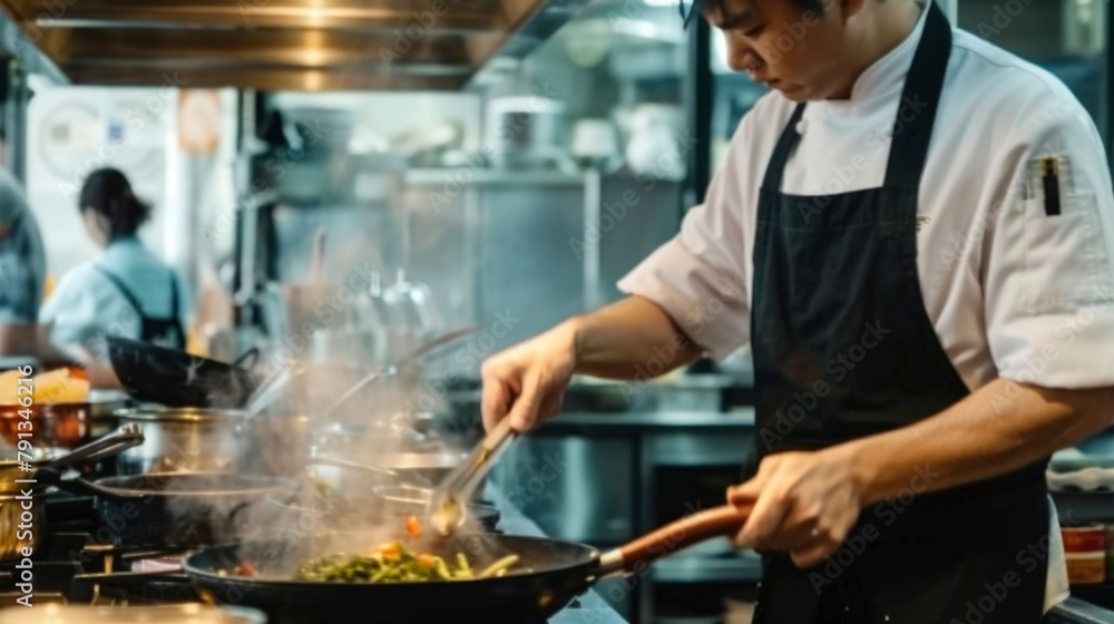 side view of male chef cooking in the kitchen using a frying pan side view of male chef cooking in the kitchen using a frying pan