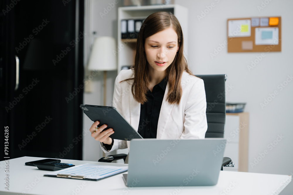 Working Process in Modern Office. Young Woman Account Manager Working at Table with New Business Project. . Working Process in Modern Office. Young Woman Account Manager Working at Table with New Business Project. .