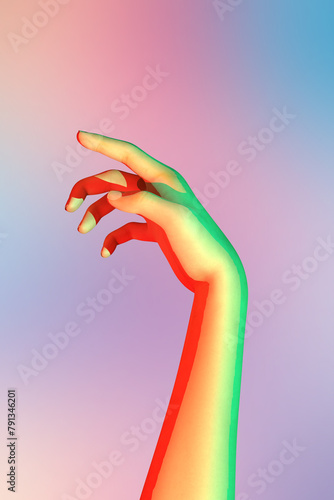 Illuminated hand with vivid colors on blurred background