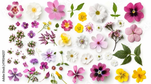 A vibrant collection of spring flowers  neatly arranged and isolated on a white background. Perfect for projects about botany  gardening  and nature.