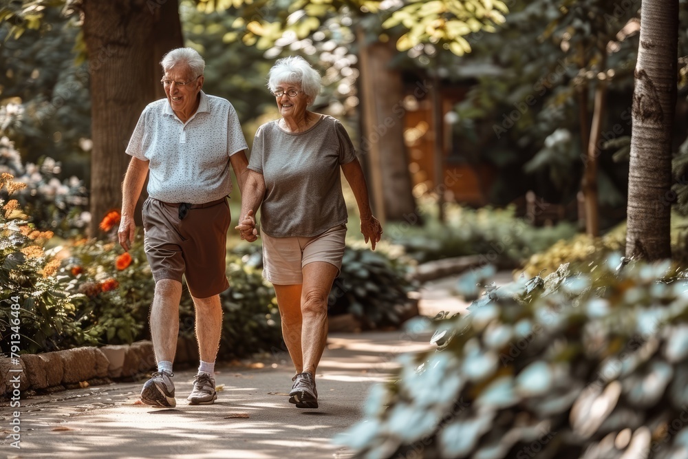Obraz premium Elderly Couple Enjoying a Peaceful Stroll Holding Hands in the Beautiful Park on a Sunny Day