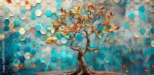 Majestic tree in a 3D mural on wooden oak with white lattice tiles, turquoise, blue, brown leaves, tranquil setting, colorful hexagons, floral, Generative AI