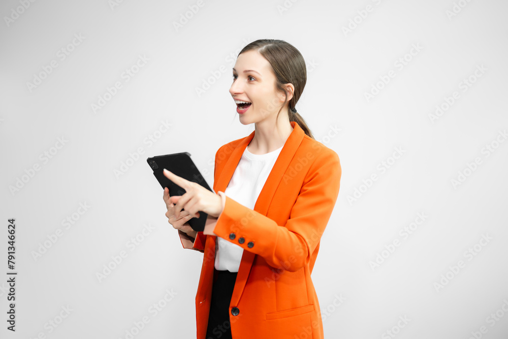 Portrait photo of young beautiful woman feeling happy and holding smart phone, tablet and laptop with black empty screen on white background can use for advertising or product presenting concept. Portrait photo of young beautiful woman feeling happy and holding smart phone, tablet and laptop with black empty screen on white background can use for advertising or product presenting concept.
