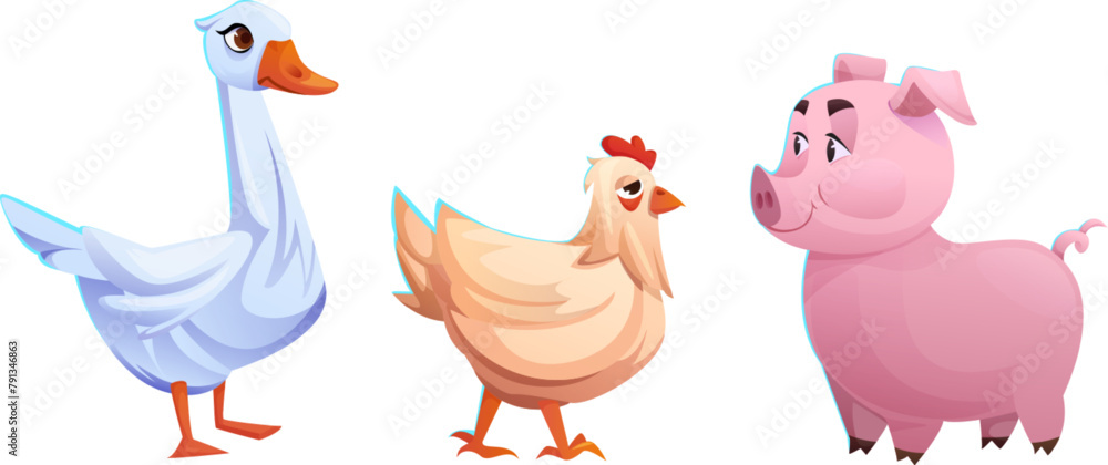 Fototapeta premium Cute farm animals collection - goose, chicken and pig. Cartoon vector illustration set of funny domestic barnyard zoo characters. Livestock mammal and bird icon. Country husbandry piglet and poultry.
