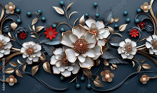 3d mural illustration white amp blue background with red golden jewelry and flowers in black decorat, Generative AI photo