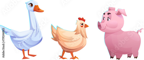 Cute farm animals collection - goose, chicken and pig. Cartoon vector illustration set of funny domestic barnyard zoo characters. Livestock mammal and bird icon. Country husbandry piglet and poultry.