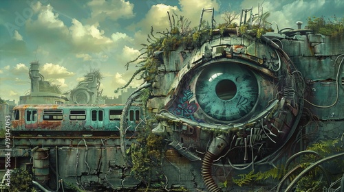 A post-apocalyptic landscape with a giant eyeball mural on a building, overgrown with vegetation and a train passing by, in the background, conveying a sense of abandonment and decay.