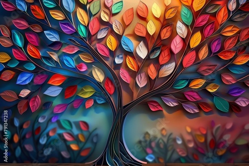 Colorful tree with vibrant leaves hanging branches illustration background 3d abstraction wallpaper for interior mural painting wall art decor, Generative AI