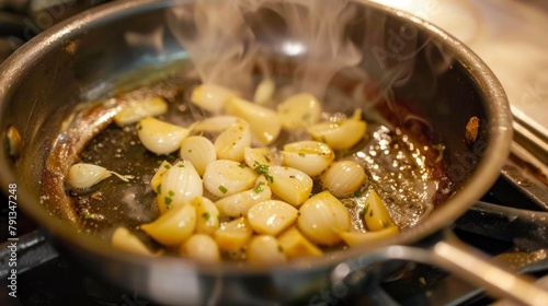 Cook garlic with cooking oil in a frying pan