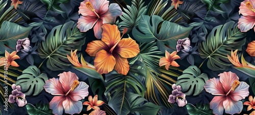 Tropical seamless pattern with exotic leaves, strelitzia flowers, hibiscus and plumeria. Vintage texture, floral background. Dark watercolor 3d illustration. For luxury wallpapers, Generative AI
 photo