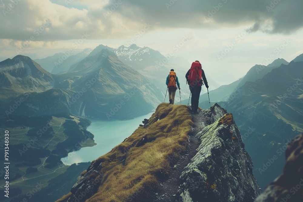 Hiker helping friend reach the mountain top