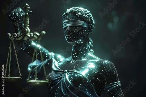 Statue of Themis, the Greek goddess of justice in a dark and moody style with glowing green accents.