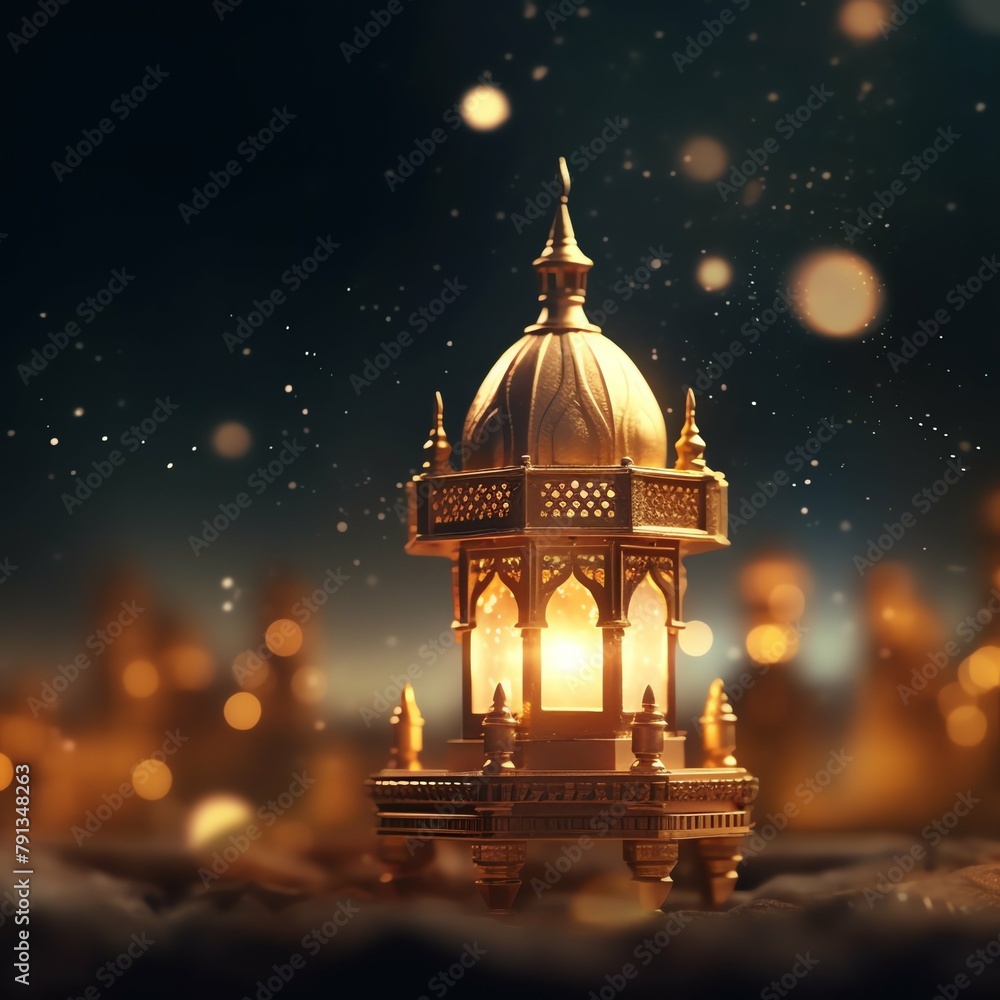 Obraz premium Eid mubarak and ramadan kareem greetings with islamic lantern and mosque. Eid al fitr background