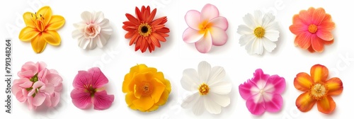 A vibrant collection of spring flowers  neatly arranged and isolated on a white background. Perfect for projects about botany  gardening  and nature.