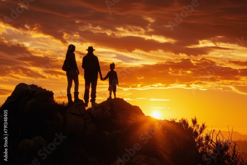 Silhouettes of a family on a trip, bonding under sunset