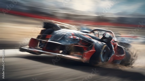 Racing car at high speed. Racer on a racing car passes the track. Motor sports competitive team racing. Motion blur background. generative.ai