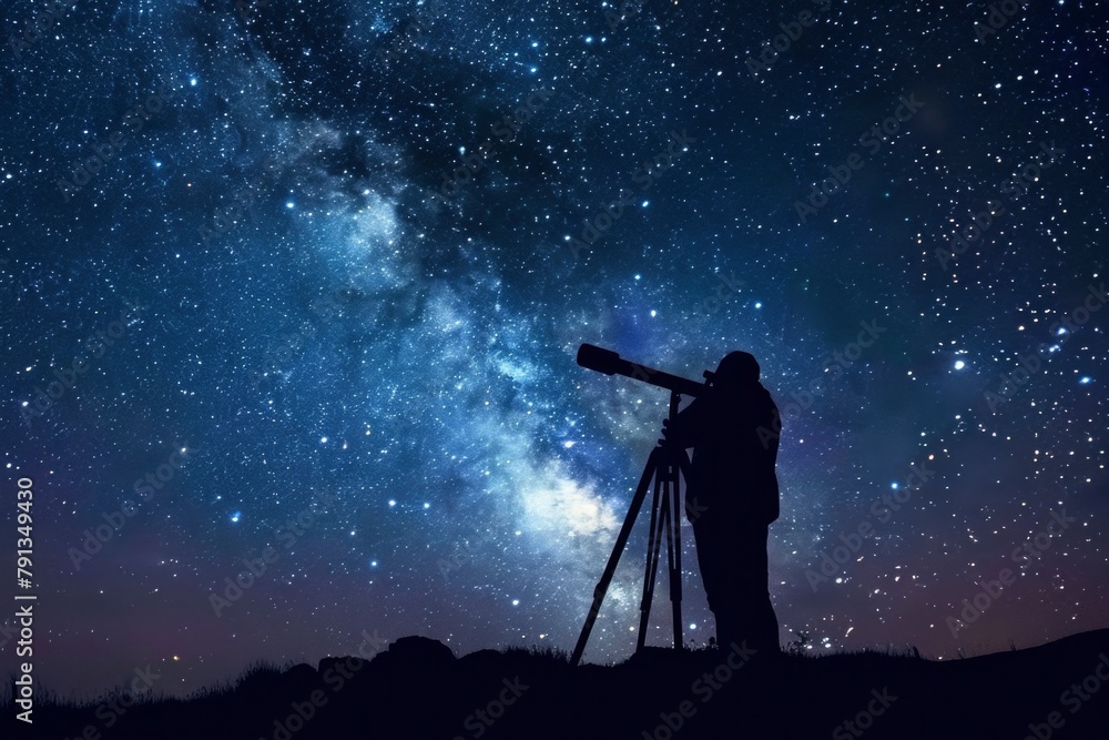 silhouette of a man observing stars using a telescope with a galaxy background