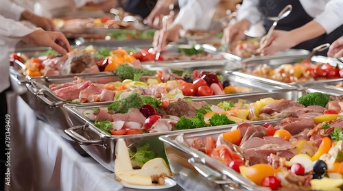 People group catering buffet food indoor in restaurant with meat colorful fruits and vegetables. generative.ai