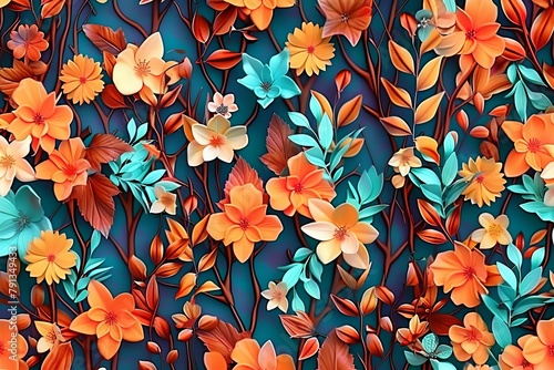 Wall hanging branches seamless pattern leaves fall with bright color flowers illustration background. 3d abstraction wallpaper for interior mural wall, Generative AI