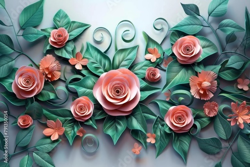 Roses surrounded by leaves and flowers, illustration background. 3d abstraction wallpaper for interior mural wall art decor. Generative AI