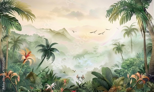 Tropical Exotic Landscape Wallpaper. Hand Drawn Design. Luxury Wall Mural  Generative AI