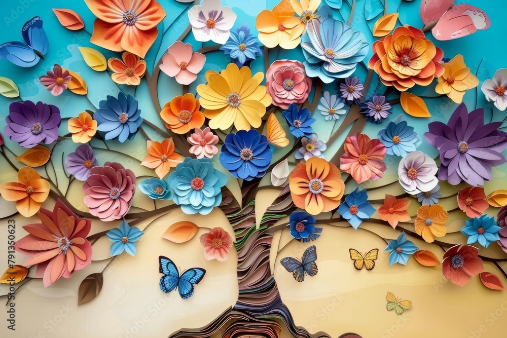 Colorful floral and butterfly mural on 3D tree background: Interior wall art, Generative AI