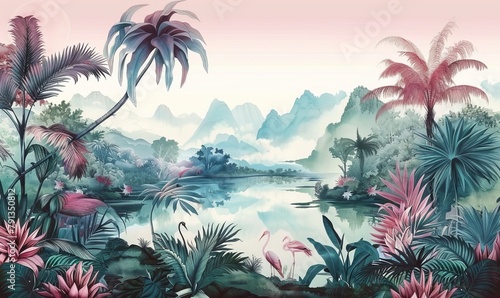 Tropical Exotic Landscape Wallpaper. Hand Drawn Design. Luxury Wall Mural, Generative AI