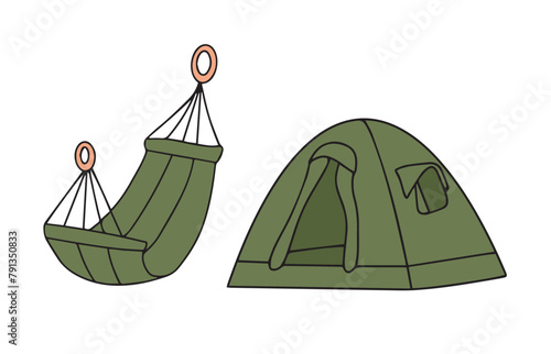 Tent and hammock for camping. Outdoor lifestyle. Home in nature. Tourism, travel, adventure, vacation, vacation concept. Hand-drawn illustrations.