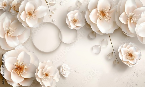 3d classic mural illustration wallpaper background with flowers white circles simple decorative  Generative AI