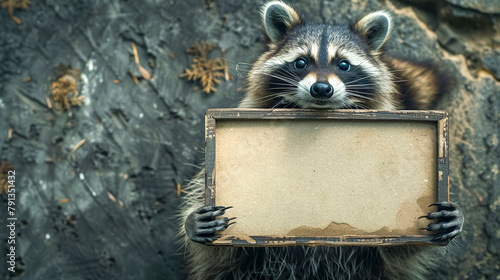 A raccoon holding a blank frame photo