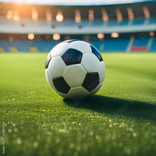 A soccer ball lies on the grass in a football stadium