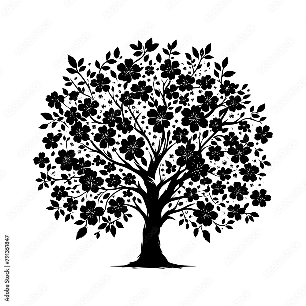 Night's Blossom: Black Vector Cherry Tree Silhouette, Nature's Beauty Unveiled Under Moon's Gaze- Cherry Tree Illustration-Cherry Tree Vector Stock.