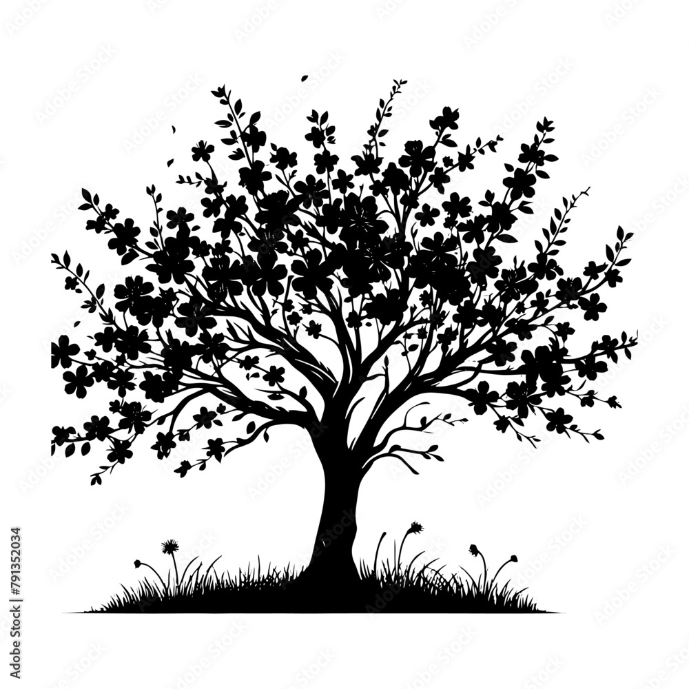 Obraz premium Night's Blossom: Black Vector Cherry Tree Silhouette, Nature's Beauty Unveiled Under Moon's Gaze- Cherry Tree Illustration-Cherry Tree Vector Stock.