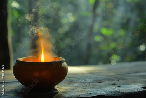 Small clay oil lamp with a glowing flame on a wooden table near the window