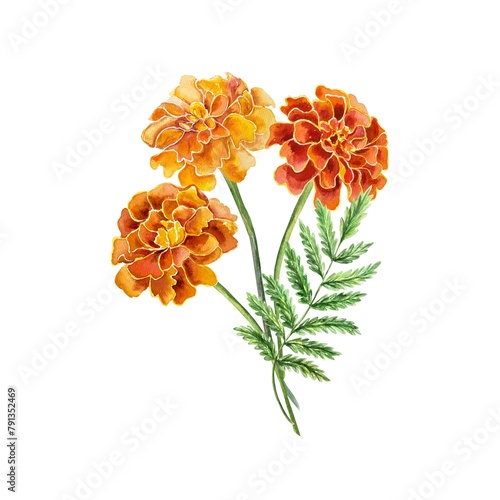 Marigolds watercolor. Hand drawn illustration of a bouquet of flowers isolated on a white background. For birthday cards, wedding invitations, labels.