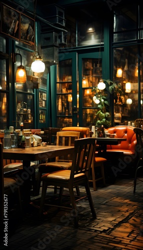 Cafe in Paris, France. Panoramic view of restaurant interior