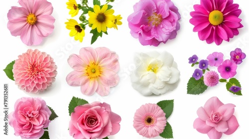 Colorful Wildflowers Arranged on White Background