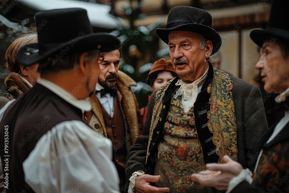 Fototapeta premium A group of elderly men at a festival of traditional national costumes. Traditional costumes breathe life into the festival, as elders honor their ancestral customs.