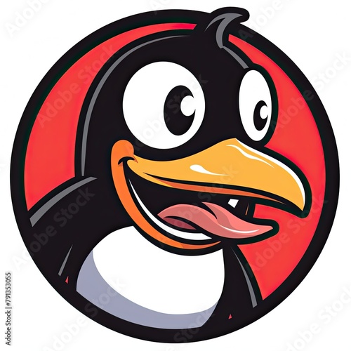 circular logo of a cartoon Penguin with his tongue sticking out