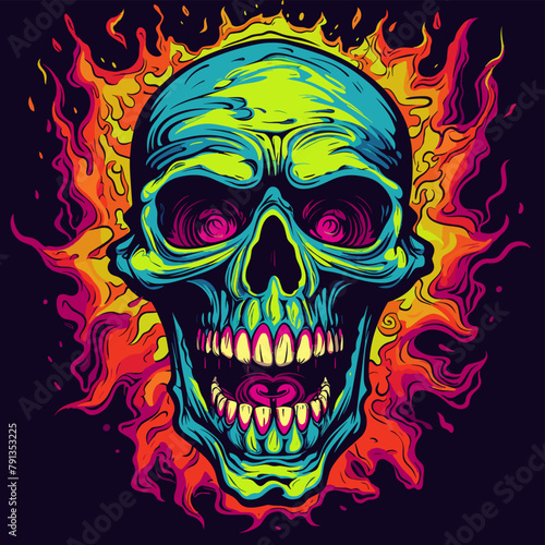 Psychedelic zombie skull design tshirt design vector