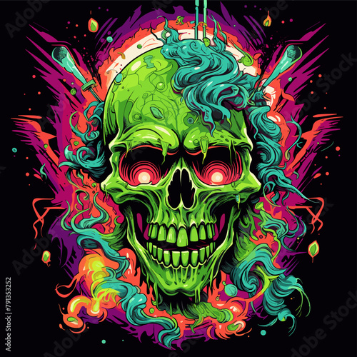 Psychedelic zombie skull design tshirt design vector