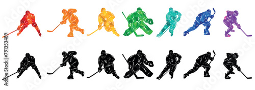 Men colorful silhouettes of hockey players. Hockey vector illustration.	
